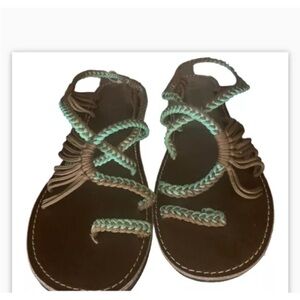 Plaka Women’s palm Leaf Flat handmade comfort Sandles sz 7 TURQUOISE‎ / BROWN